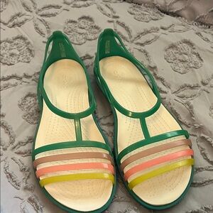 CROCS Green T-Strap Sandals with Cream, Pink, Coral and Yellow Straps